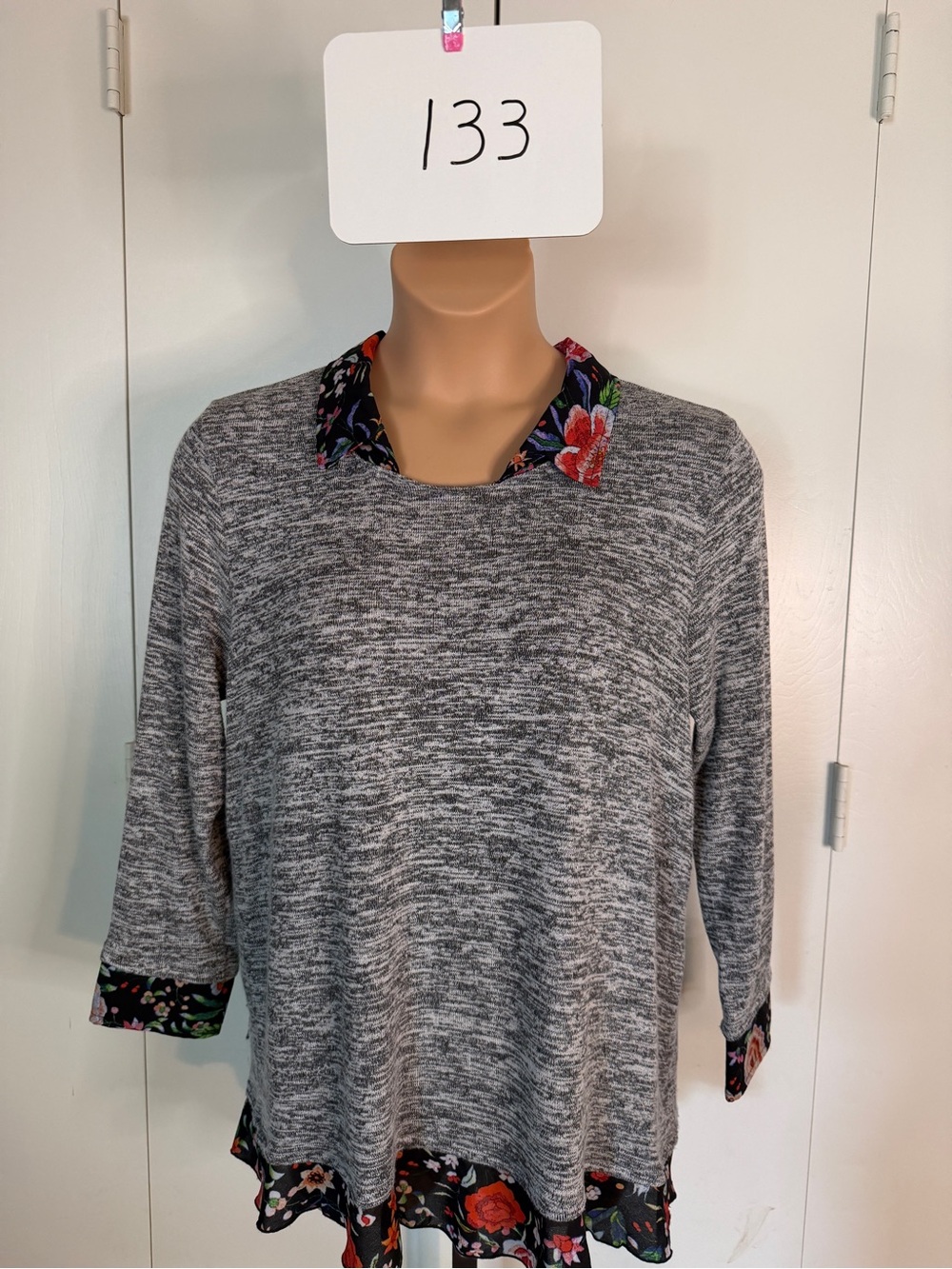 cha cha vente Gray Knit Top with Black Floral Trim